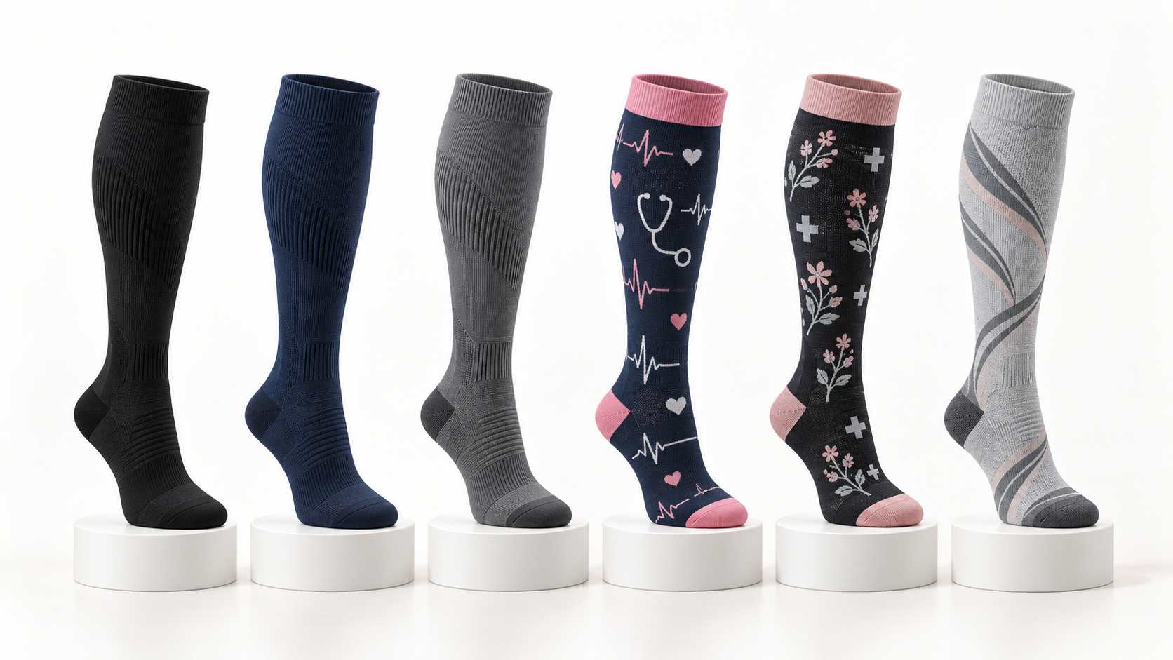 Six genuine knee-high graduated compression socks including solid and original care-pattern designs